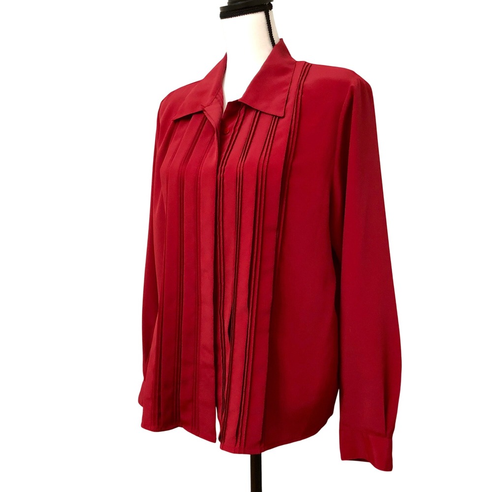 Vintage 90s Rich Red Long Sleeve Button Shirt w/ Cute Ruffle Front Karen Scott L